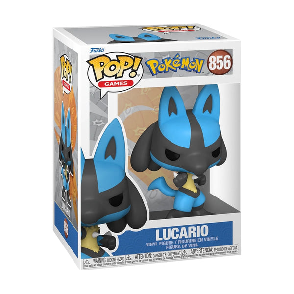 Funko Pop Lucario de TamoriCards, figurine de collection Pokémon avec détails colorés et posture dynamique.