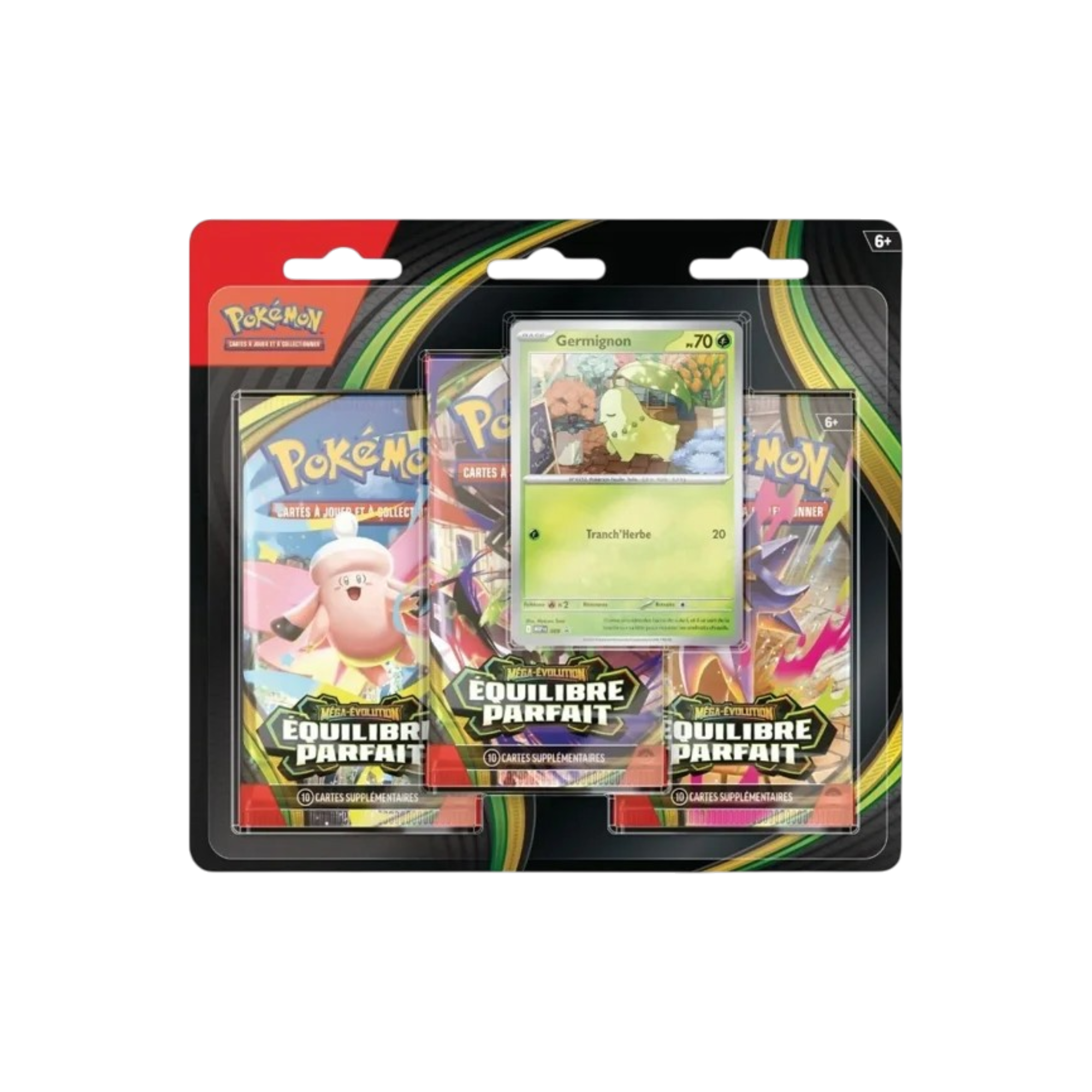 Trois packs de cartes Pokémon EV3 TamoriCards avec six boosters écarlate et violet, images de cartes colorées et illustrées.